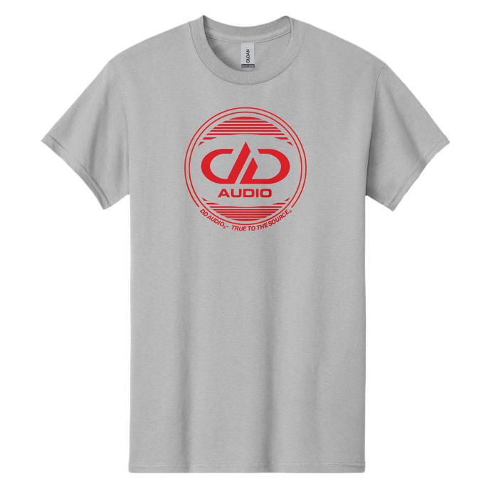 grey t-shirt with red logo print
