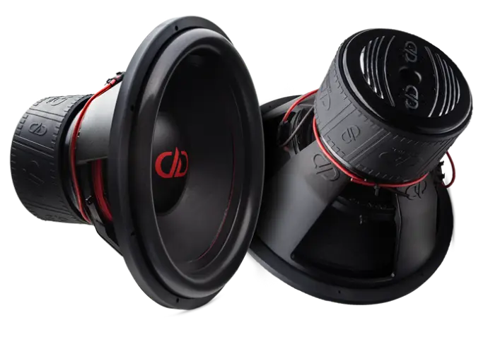 photo of pair of 18 inch 800 series subwoofers two views showing from and back views 