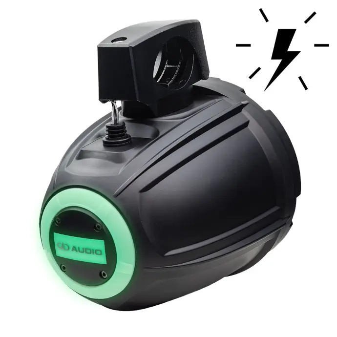 photo of mca-106b marine can slanted back view of logo and led and metal clamp with active/powered flash icon