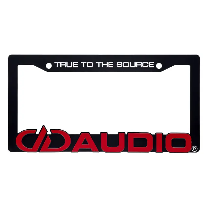 photo of dd audio branded license plate frame in black and red logo