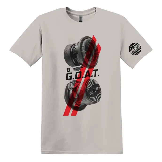 photo of dd branded light gray tshirt screen printed image of 8 inch 2508g subwoofer with words 8 inch goat