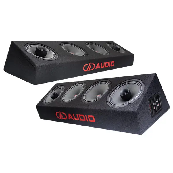 photo of le-vo-mx200 loaded full range enclosures 6.5 and 8 inch sizes next to eachother