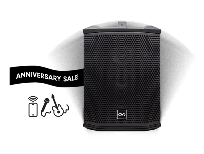 anniversary sale graphic with pictured rager pro wireless speaker with three icons wireless mic and guitar