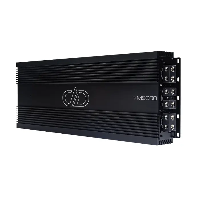 Photo of M9000 angled to show full top plate with logo and model number as well as connection side panel