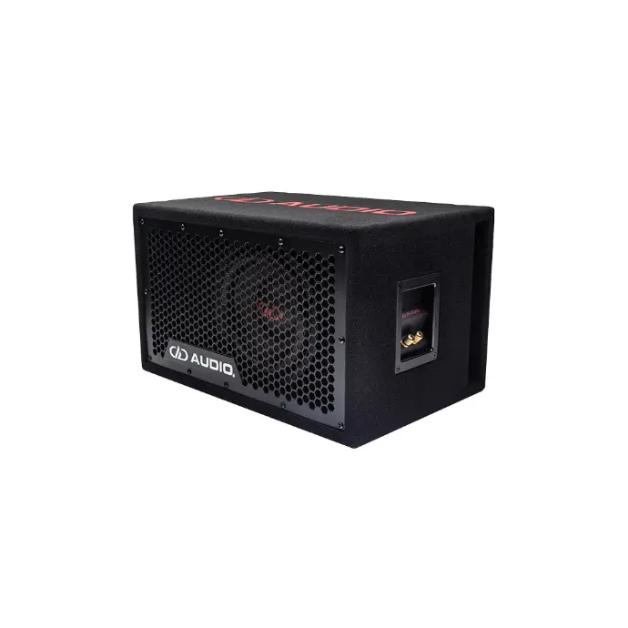 photo of loaded enclosure slanted left with grill and terminal cup