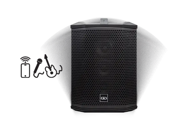 rager pro wireless pro speaker facing forward showing grill with icons for wireless phone microphone and guitar