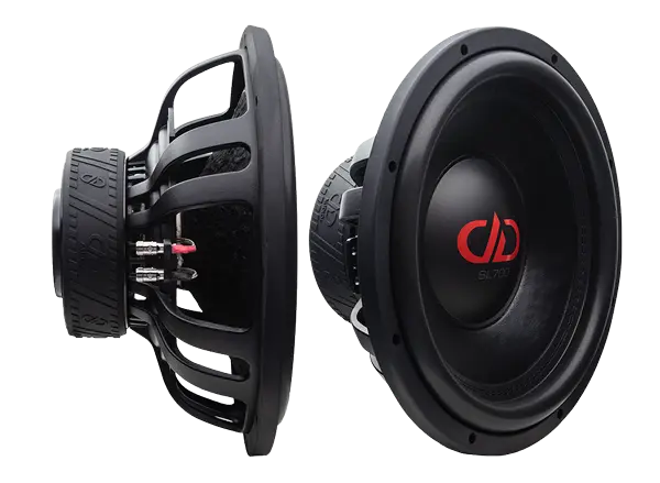Photo of two SL715 Subs, one facing front angled slightly to show part of motor, cone, dd logo on dust cap, while the other is back to front profile showing motor and basket