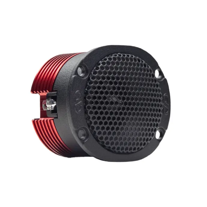 Photo of VO-B1c Bullet Tweeter shot front angled right to show embossed logos on face, mesh grill, heat sink and spade connectors