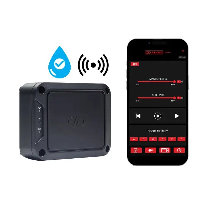 Photo of DSI-X2 shot from the top angled on its side to show logo and indicator lights with water droplet icon to indicate waterproof IPX7 rating and icon indicating wireless connectivity next to phone with screen showing app control