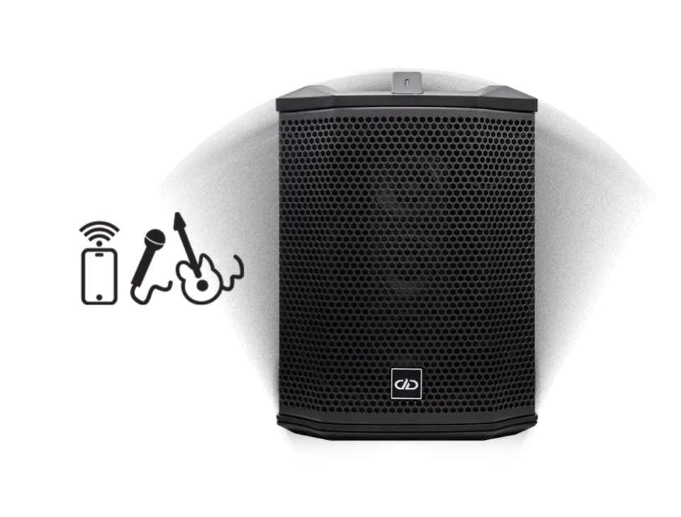photo of rager pro wireless speaker facing front view of grill and logo with wireless mic and guitar icons next to it