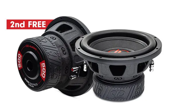 photo of two 10 inch 300 series subwoofers position to show two different angles with text 2nd free