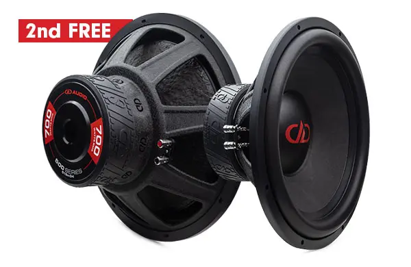 photo of two 15 inch 500 series subwoofers position to show two different angles with text 2nd free