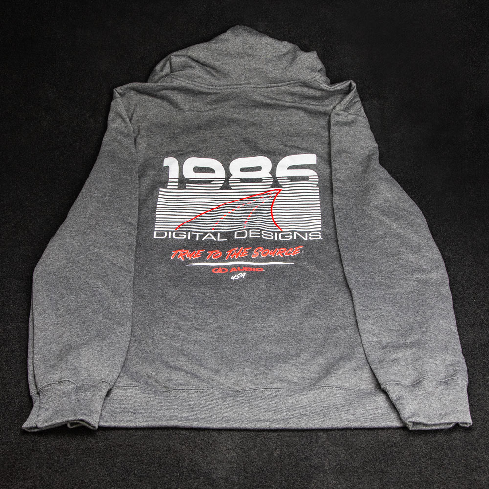 Digital Designs Throwback Hoodie - Photo of back - retro screen printed design &quot;1986 - digital designs - true to the source&quot;