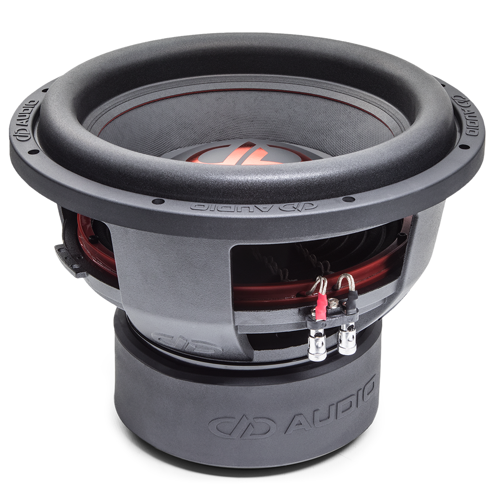 B Stock 700D Series 12&quot; Dual 2-ohm REDLINE Subwoofer- Photo of 712d top to bottom from the side to show part of dustcap, cone, surround, basket, motor and connections