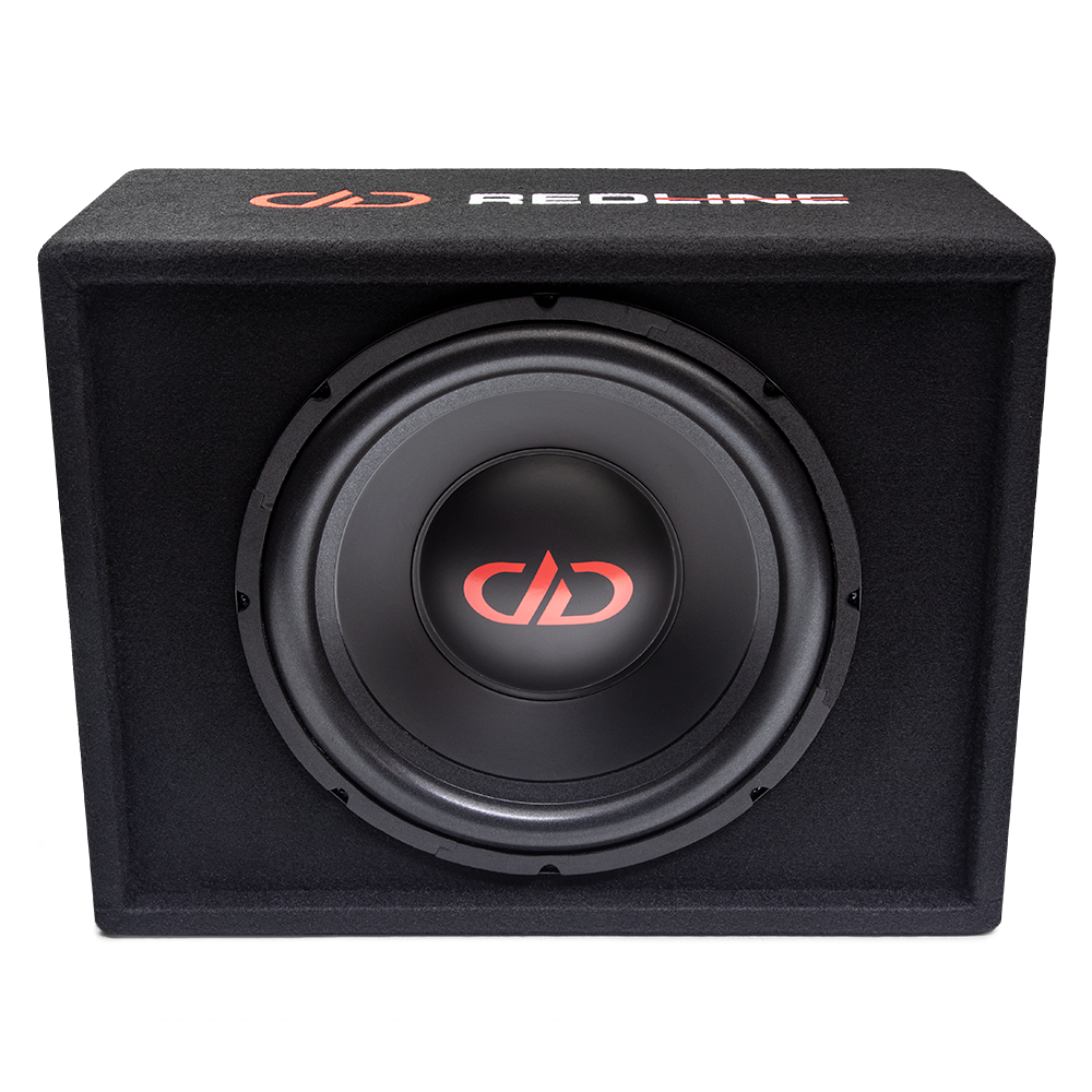 B Stock - RL-SE12a - REDLINE - 12 Inch Sealed Enclosure - photo front facing tilted down to show top logo