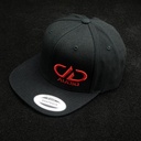 DDA Snapback Flat Bill Hat - close up of front and bill against black background