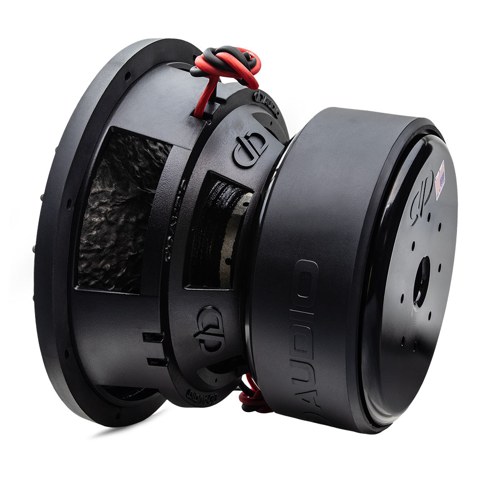 US Standard 9900 Series Power Tuned Subwoofer- Photo angled left to show soft parts, basket, motor and leads