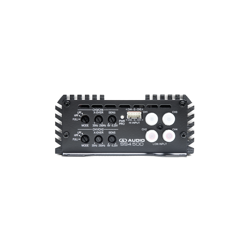 SS Series 500W x 4 Channel Amplifier - photo showing end panel with settings and ports