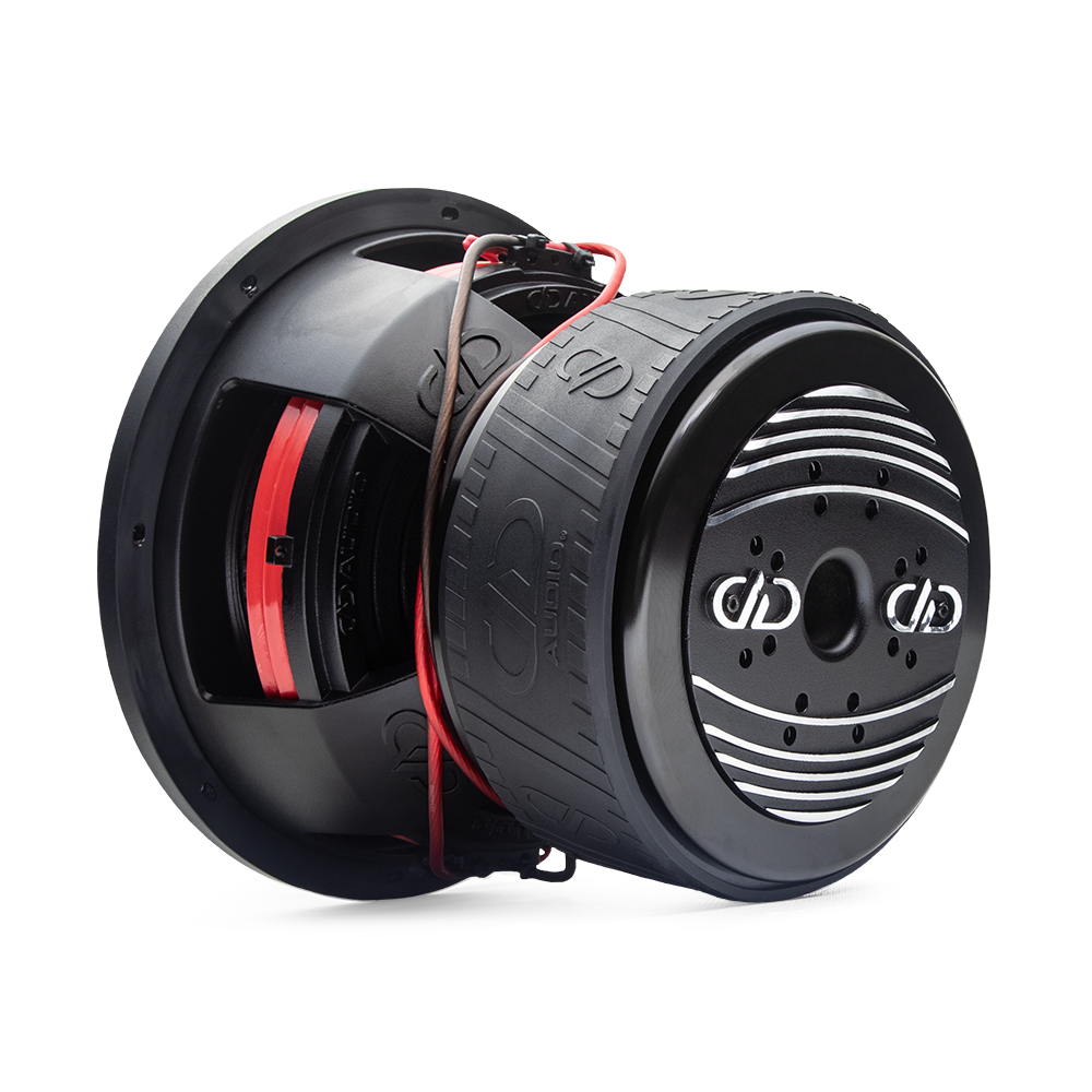 800f Series Subwoofer - photo angled back left to show heatsink, motor, boot, part of basket