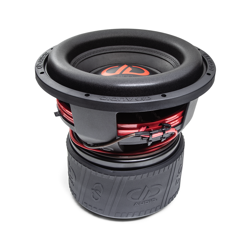 800f Series Subwoofer - photo angled bottom to top to show heatsink, motor, boot, part of basket