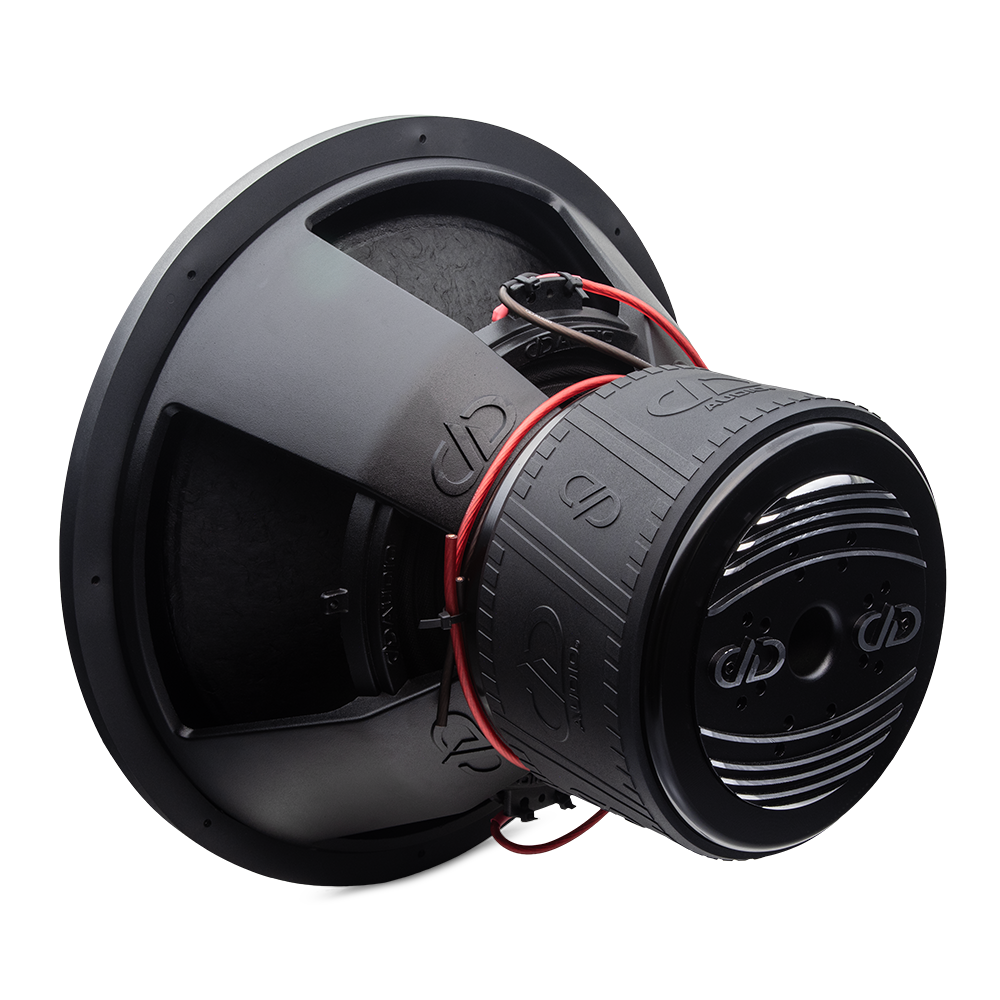 800f Series Subwoofer  - photo angled back right to show heatsink, motor, boot, part of basket
