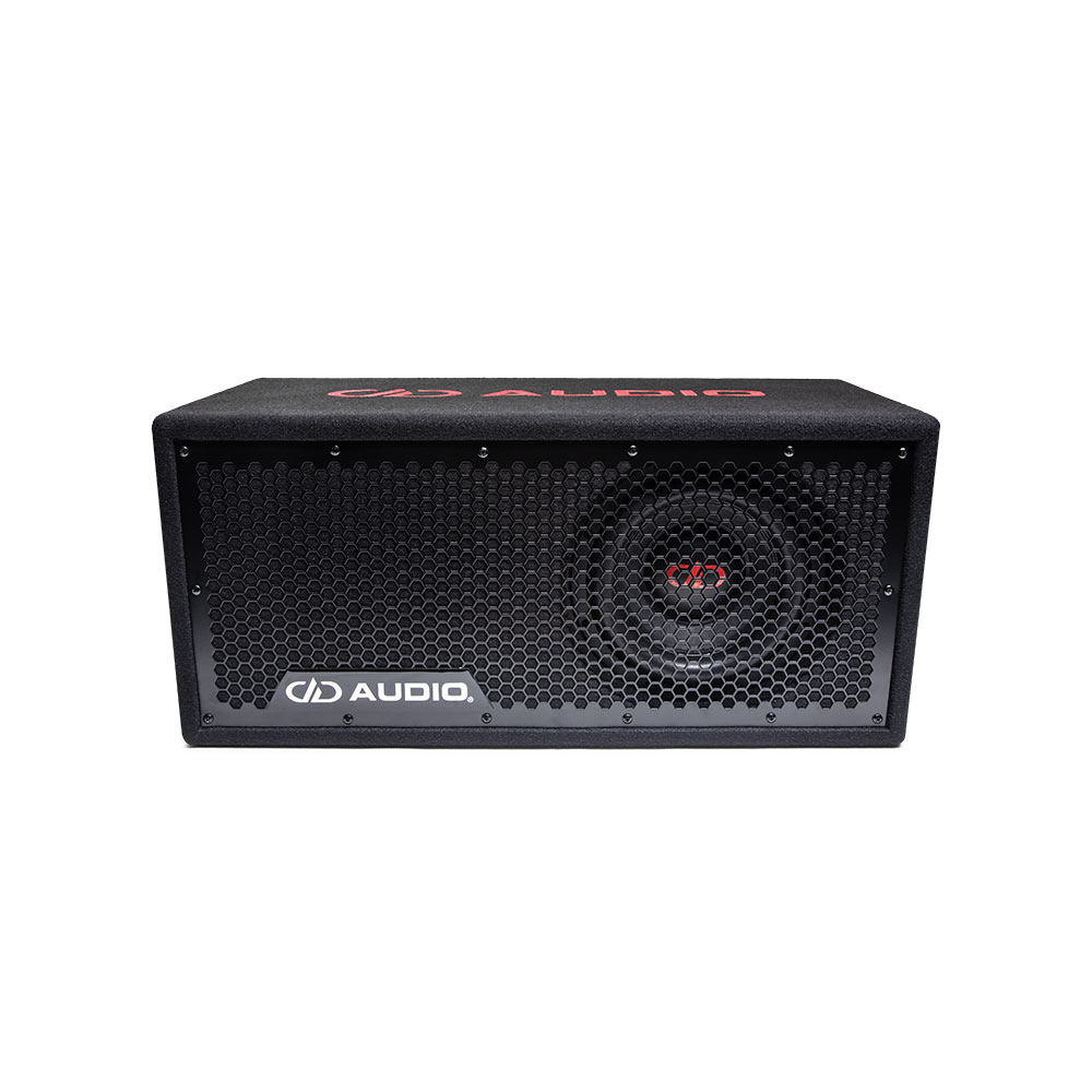 Single 8" 500 Series Loaded Enclosure - Photo front facing tilted slightly to show embroider logo on top, the speaker, and the full length grill