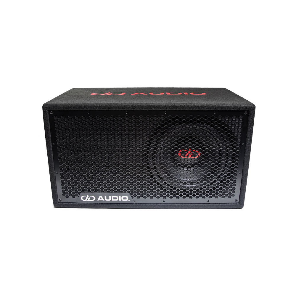 Single 10" 500 Series Loaded Enclosure - Photo front facing tilted slightly to show embroider logo on top, the speaker, and the full length grill