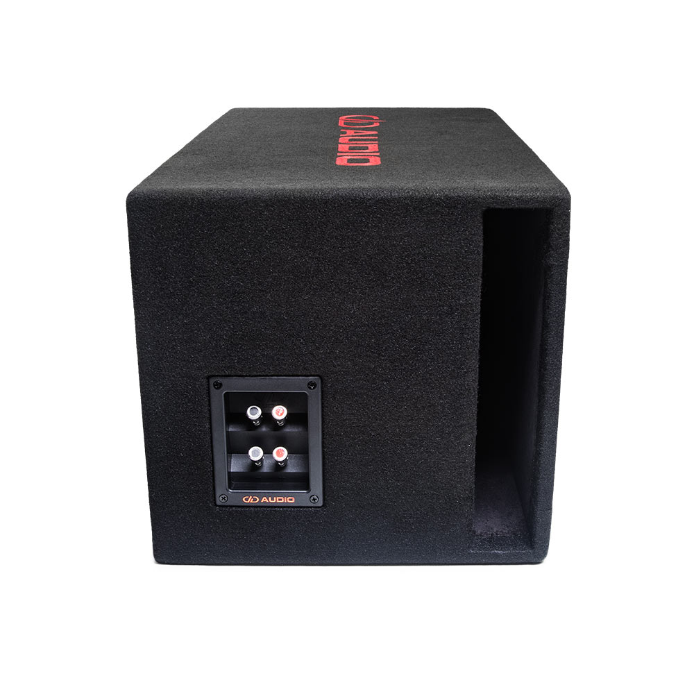 Single 10" 500 Series Loaded Enclosure - photo shot from the side to show side firing port, push connectors, embroidered logo on top