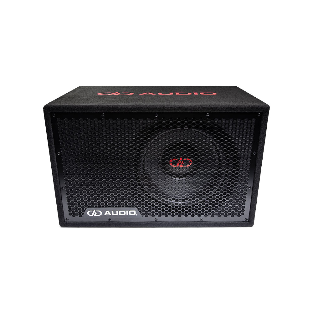 Single 12" 500 Series Loaded Enclosure - Photo front facing tilted slightly to show embroider logo on top, the speaker, and the full length grill