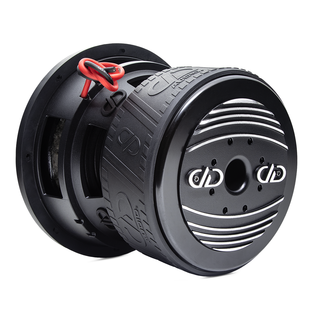 US Standard 9500L Series Power Tuned Subwoofer - photo angled back to front to show off motor boot and heat sink adorned with DD logos