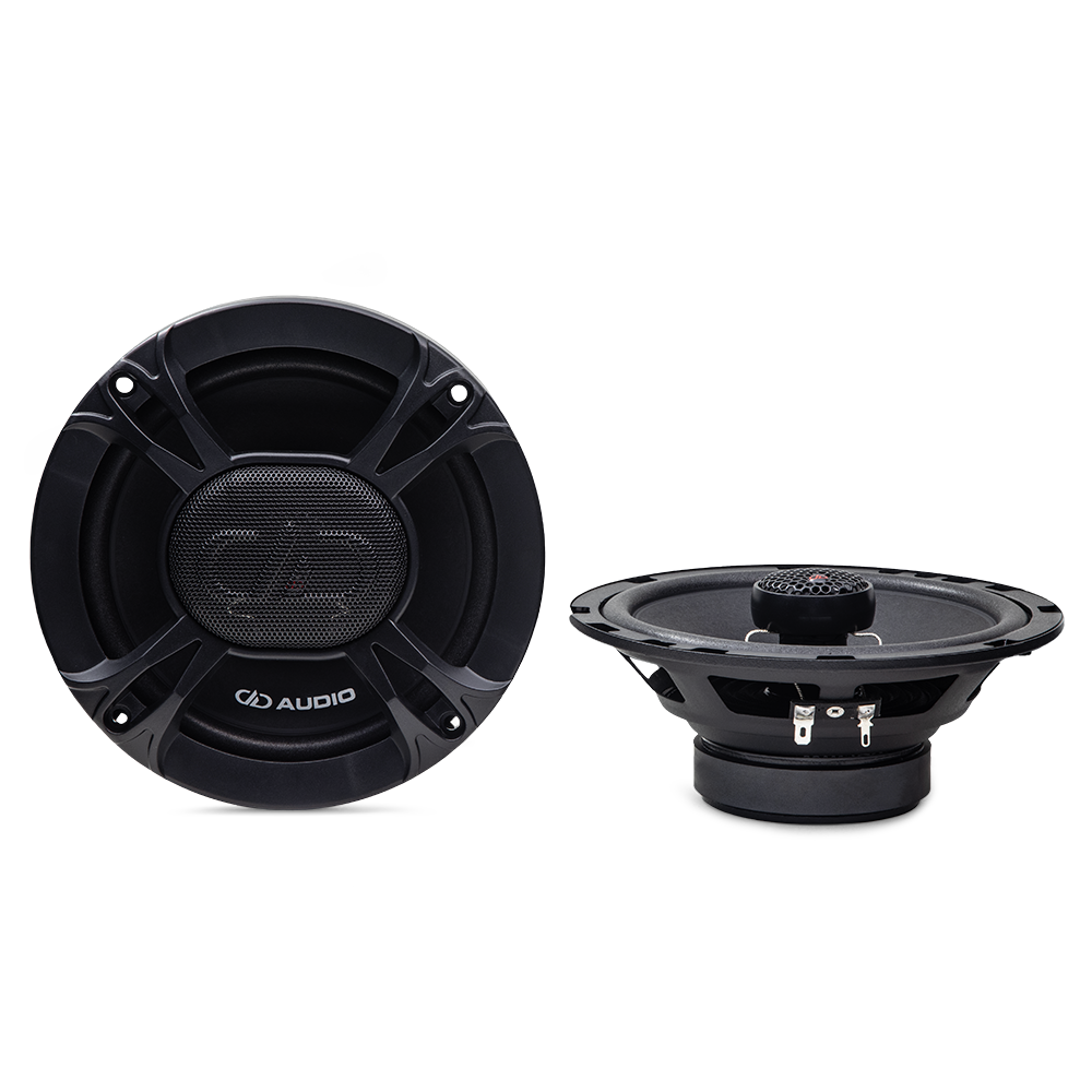 E Series Coaxial Speaker (Pair) - photo showing two E-X6.5 speakers - one from the front showing the grill and one its side with no grill showing bottom (motor) to top (tweeter)