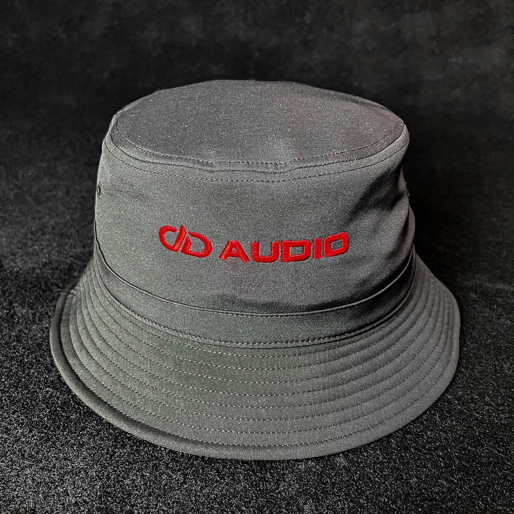 DD Bucket Hat - photo of Black bucket hat with red DD AUDIO Logo embroidered