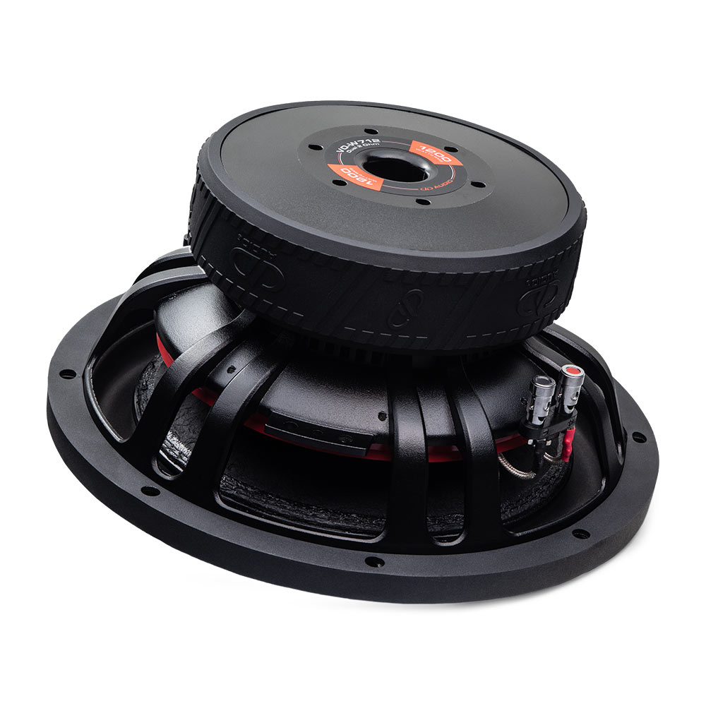 VO-W712 Woofers - photo angled bottom up showing motor, boot, basket, spider and connectors