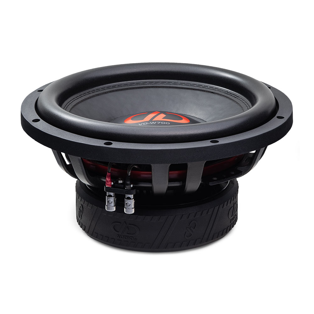 VO-W712 Woofers - photo angled bottom to top showing motor, boot, basket, surround, cone, dustcap, logo and connectors
