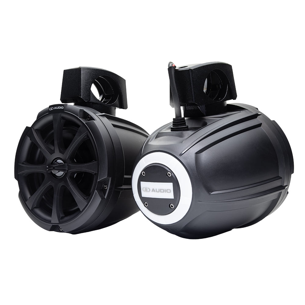 MCA-106B 6.5" Marine Can Speakers with LED (pair) - photo pair - one facing front to show the grill, the other showing the back logo with a white glow
