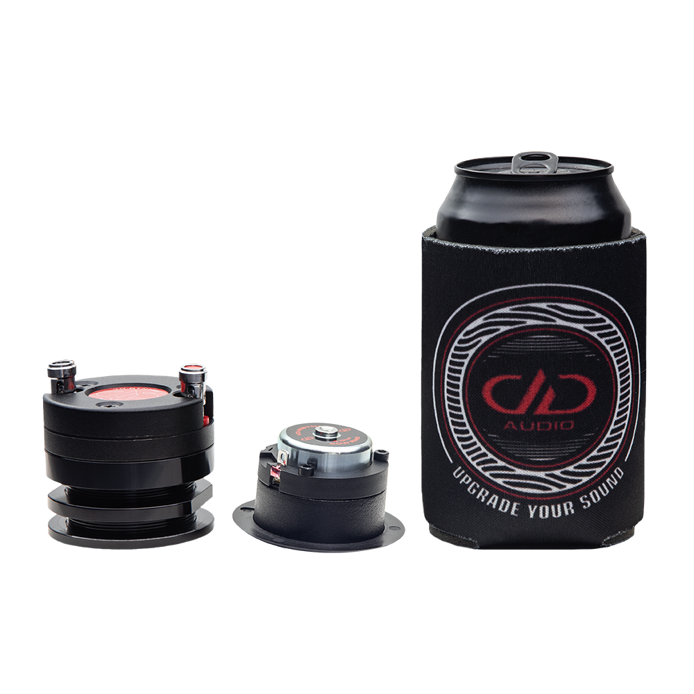 VO Series 1" Micro Bullet Tweeter (Pair) - photo showing VO-MBTN125 with full size VO-BTN125 and a beer can for full size comparison