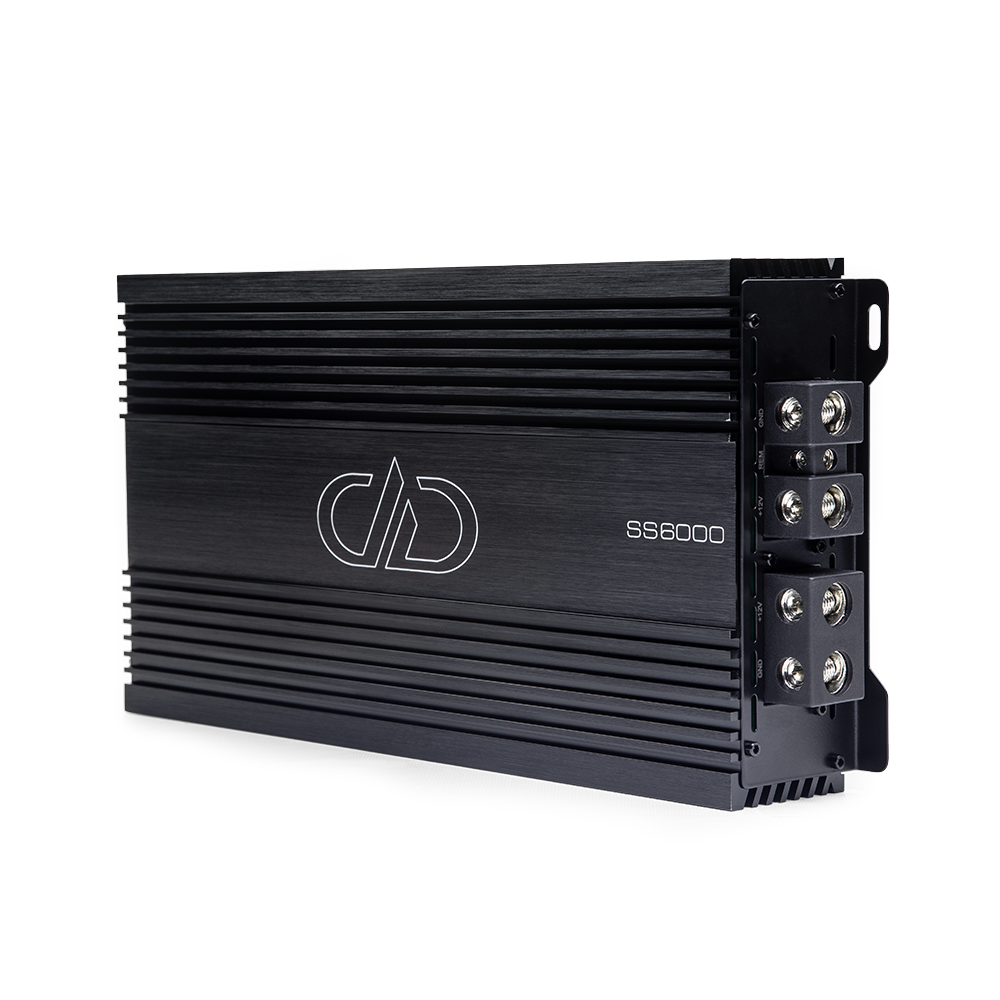 SS6000 Monoblock Amplifier - photo on side showing full top plate with logo and model number, and part of end panel with power connection points