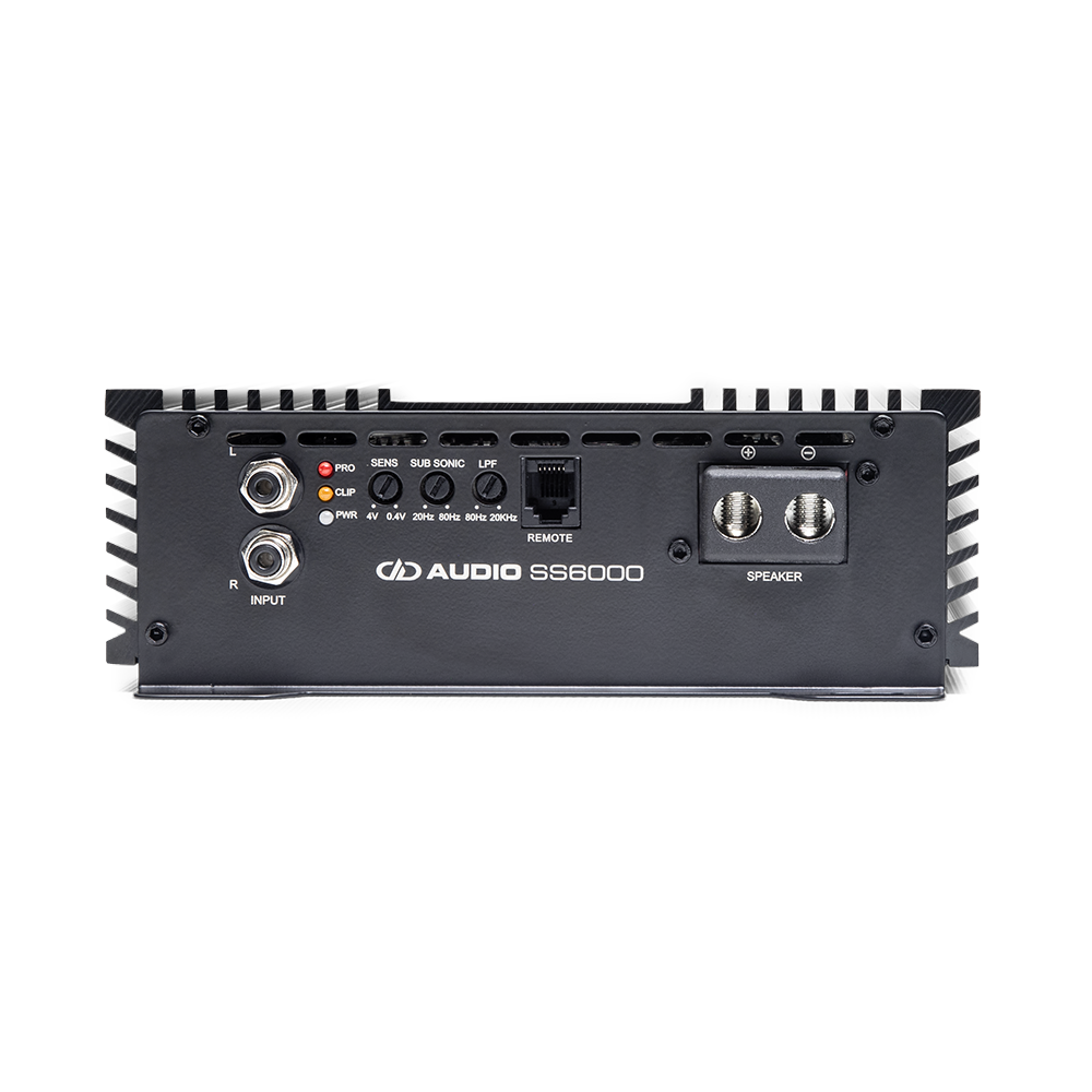 SS6000 Monoblock Amplifier - photo close up of end panel showing speaker inputs and settings