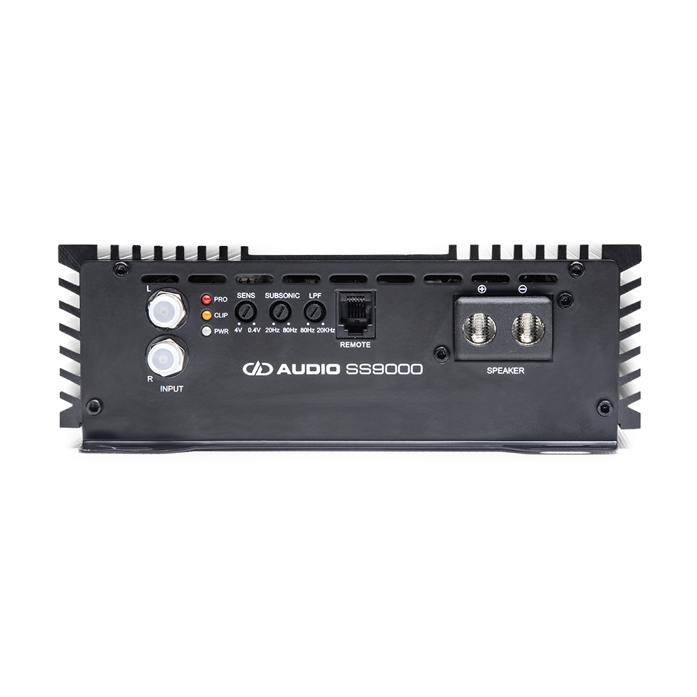 SS9000 Monoblock Amplifier - photo close up of end panel showing speaker inputs and settings