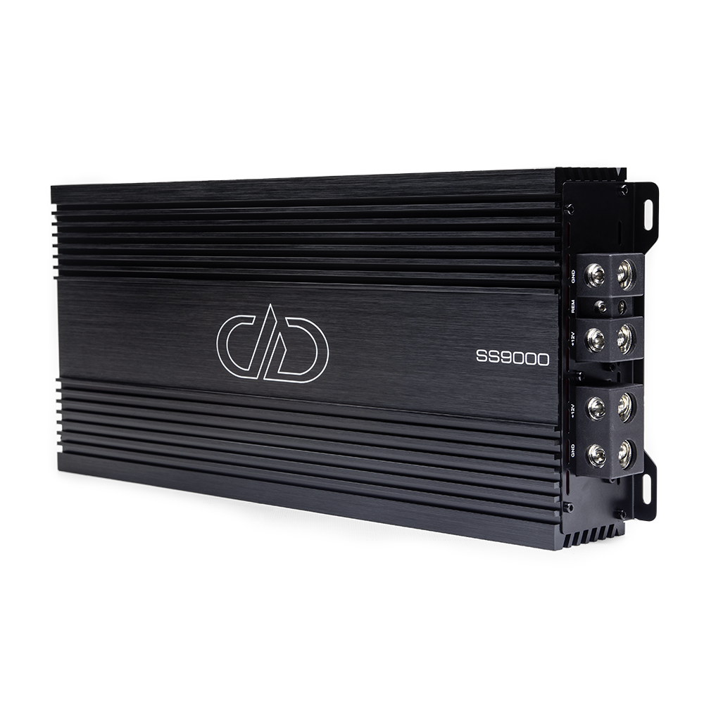 SS9000 Monoblock Amplifier - photo on side showing full top plate with logo and model number, and part of end panel with power connection points