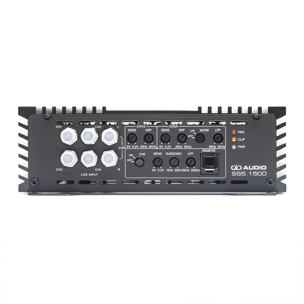 SS Series 1500W - 5 Channel Amplifier - photo showing end panel with speaker connection points and settings