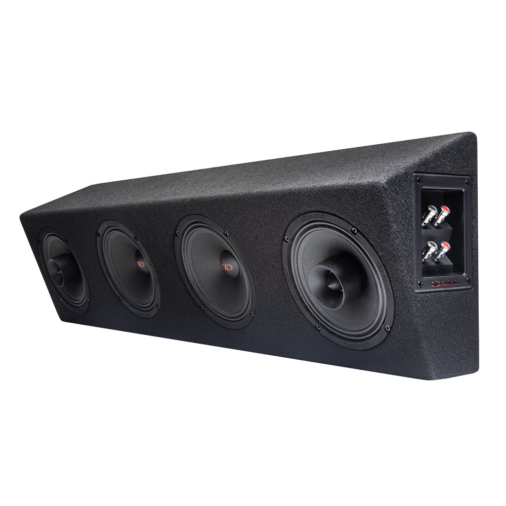 LE-VO-MX200 Series Carpeted Midrange Enclosure - Photo of the plank facing front angled left shot top to bottom to show two VO-MX206s, two VO-M206s (6 inch mids and coaxials), and standard included terminal cup with push connectors
