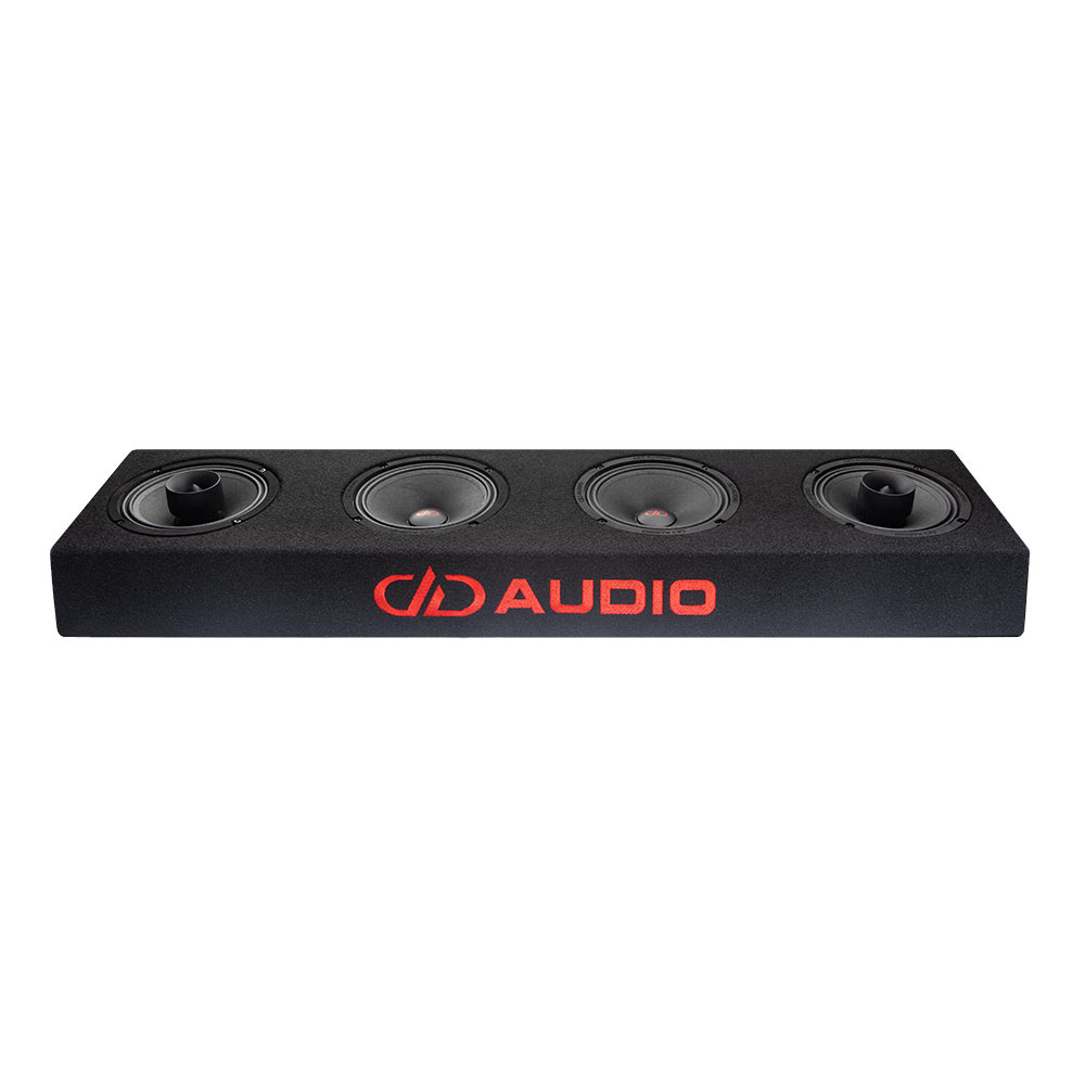 LE-VO-MX200 Series Carpeted Midrange Enclosure - Photo of the plank shot facing front to show DD AUDIO embroidery, two VO-MX206s and two VO-M206s (6 inch mids and coaxials)