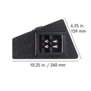 LE-VO-MX200 Series Carpeted Midrange Enclosure - Photo of the plank shot from the side to show standard included terminal cup with push connectors. Cup has raised DD AUDIO logo and four screws - also included are dimension 6.25in (159mm) x 10.25in (260mm)