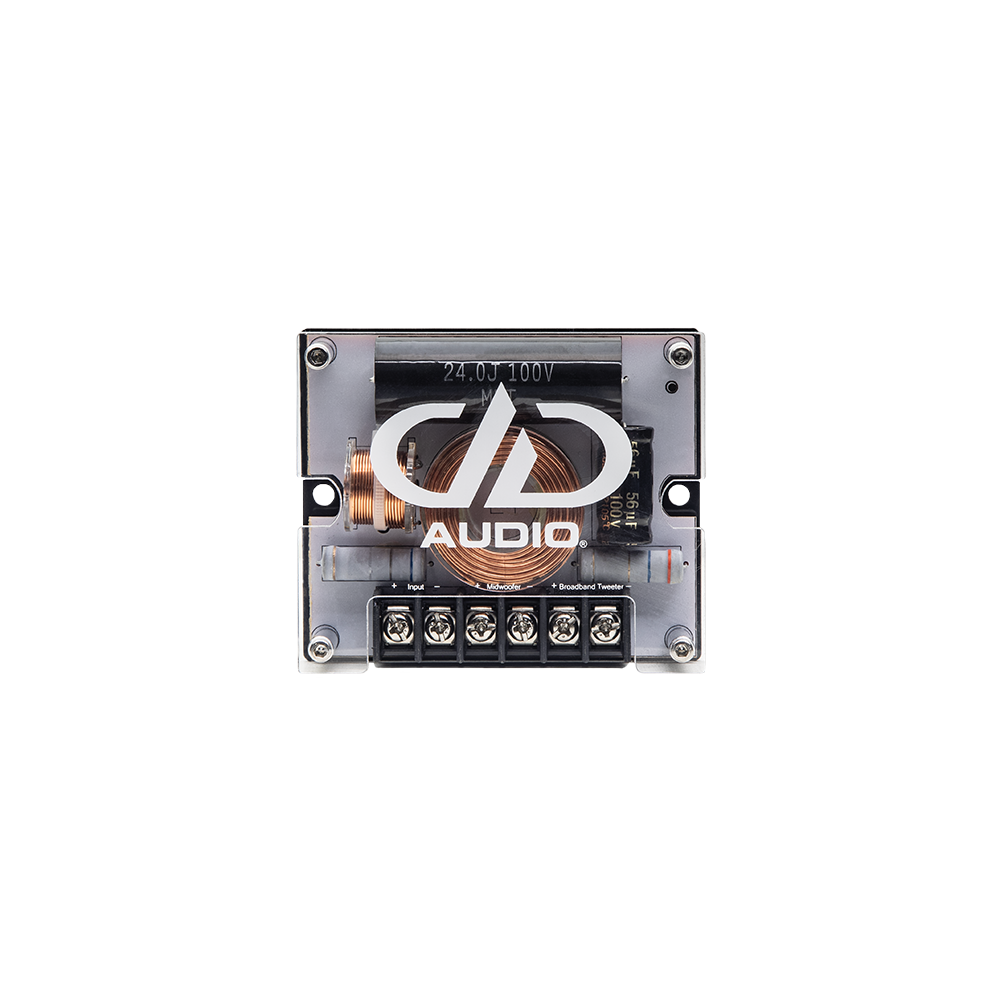 C Series 6.5" Component Set w/Crossover (Pair) - Photo of C Series crossover component facing front to show the logo and internal devices.