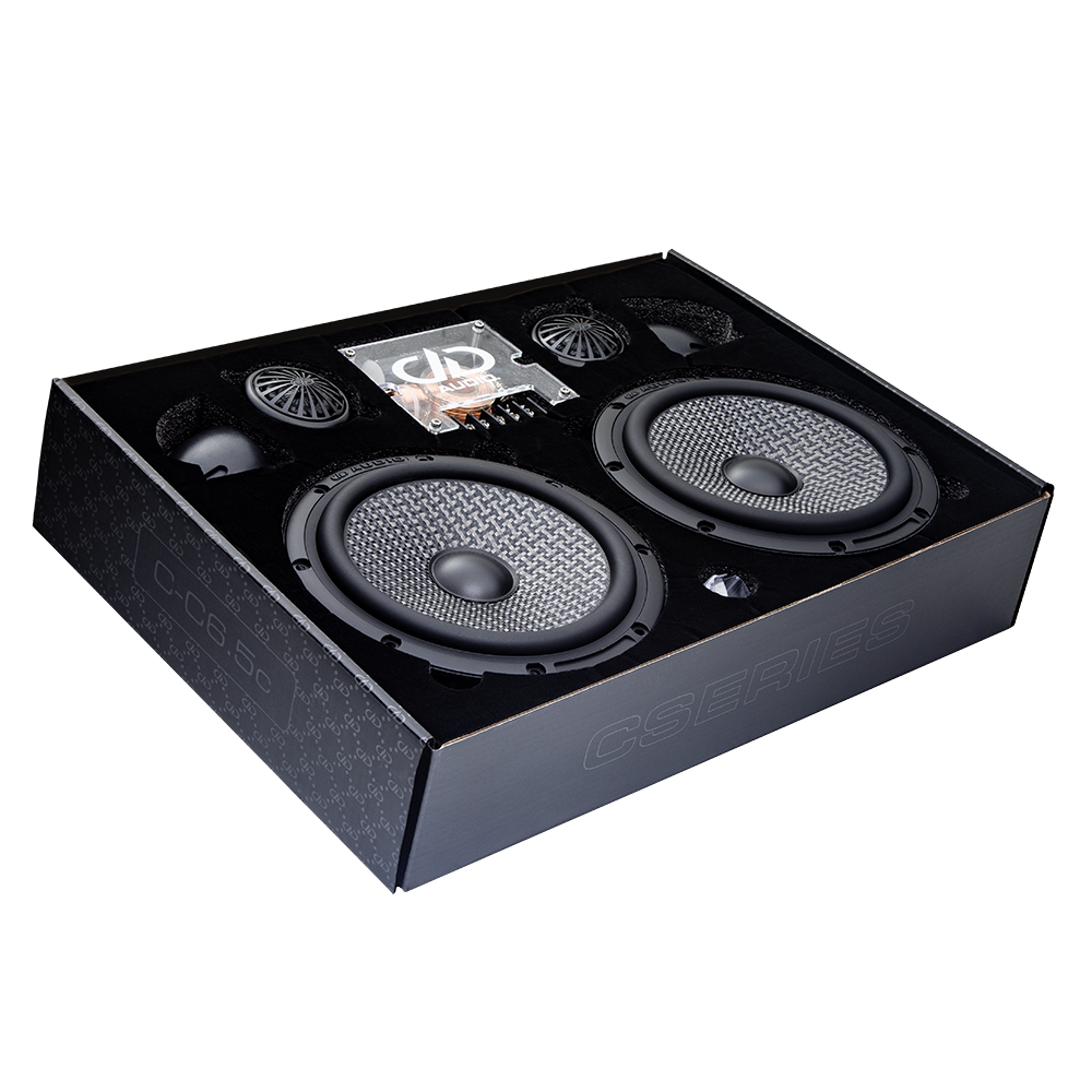 C Series 6.5" Component Set w/Crossover (Pair) - Photo of full C Series component set in the ornate box angled slightly, including the woofer, tweeter, tweeter pods and optional crossover