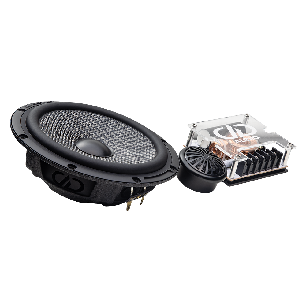 C Series 6.5" Component Set w/Crossover (Pair) - Photo of full C Series component set angled to show back to front of the woofer, tweeter and optional crossover.