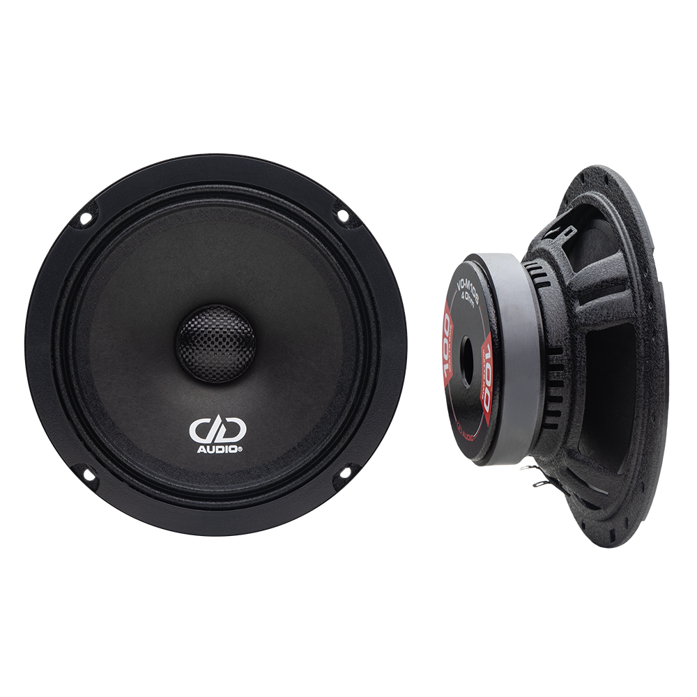 VO-M 100 Series (6.5" Midrange) - photo showing showing two speakers, one facing front to show cone with DD AUDIO logo print the other angled back to front to show motor and basket