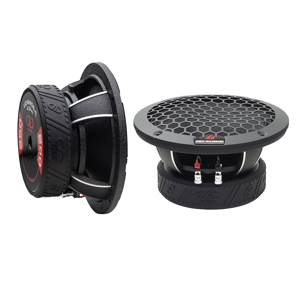 VO-M400 Midrange Speakers (Pair) Cast Frame - Photo showing pair - one angled back to front to show motor with boot and cast frame, the other top to bottom with mesh grill and push leads