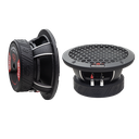 VO-M400 Midrange Speakers (Pair) Cast Frame - Photo showing pair - one angled back to front to show motor with boot and cast frame, the other top to bottom with mesh grill and push leads